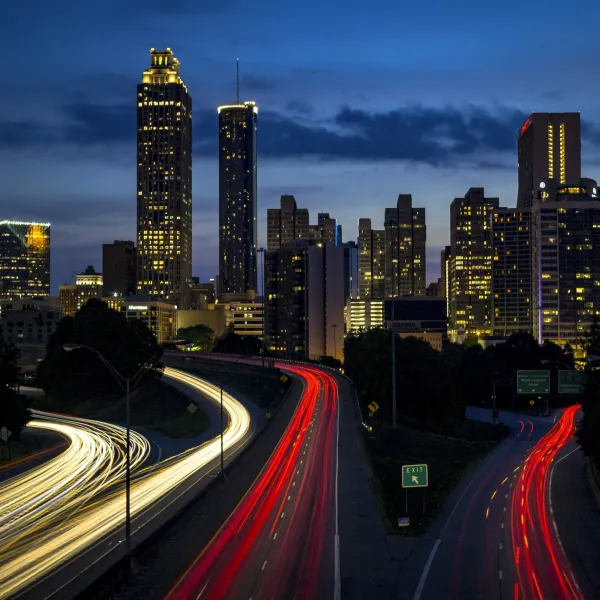 a city skyline at night