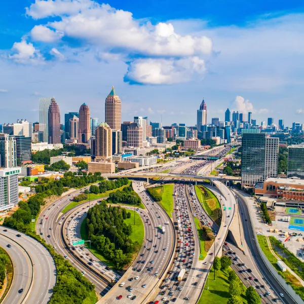 a city with roads and buildings