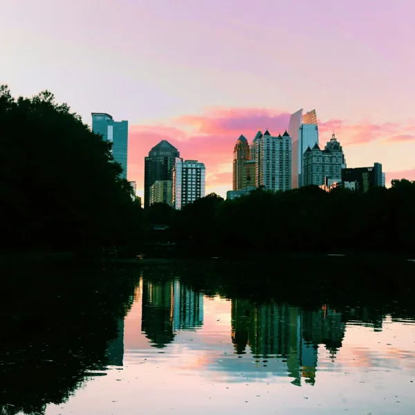 a city skyline at sunset