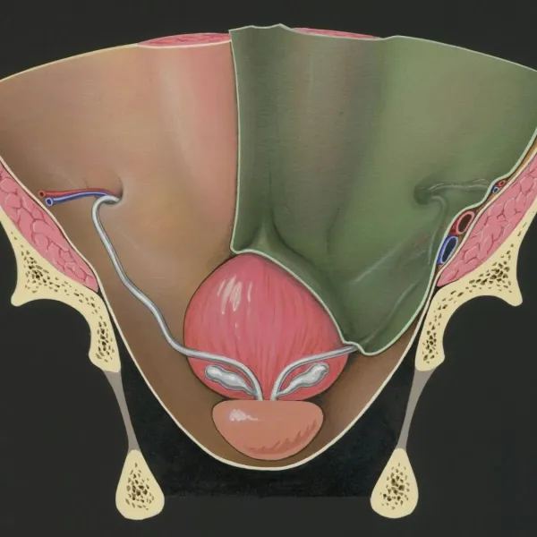 Cross-sectional illustration of male pelvic anatomy showing bladder, prostate, seminal vesicles, and urethra.