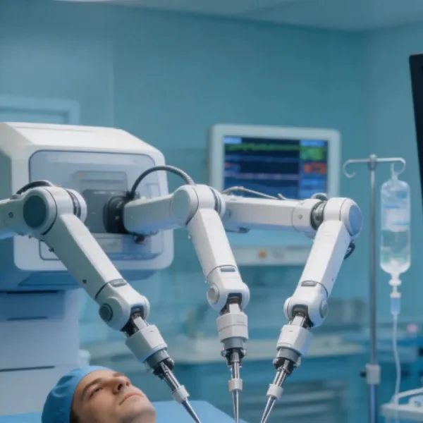 Advanced robotic surgical system operating in a modern hospital with monitoring screens and medical equipment.