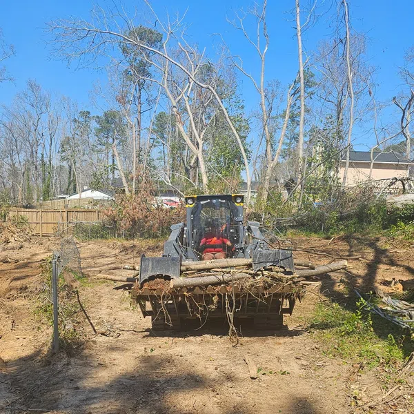 Skid steer loader carrying logs and debris in a cleared wooded area under a clear blue sky.