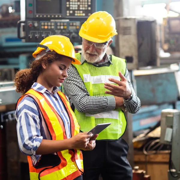 Two construction workers wearing safety helmets and vests reviewing information on a tablet in an industrial setting.