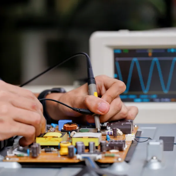 Hands testing an electronic circuit board using probes with an oscilloscope showing waveform in the background