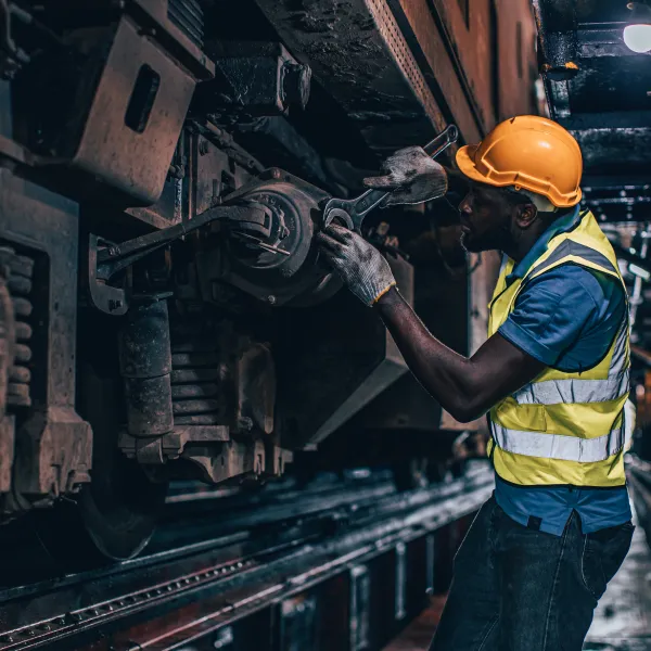 Worker in hard hat and safety vest inspecting mechanical parts under a train in a dimly lit industrial tunnel.