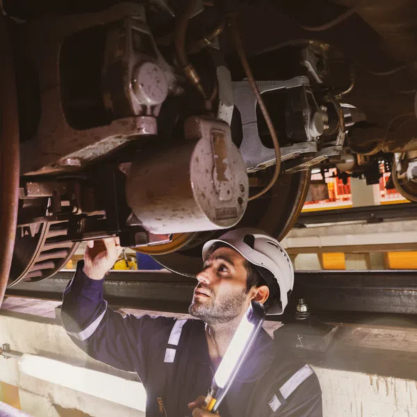 Technician inspecting and repairing the underside of a train wagon wearing safety helmet and holding a flashlight.