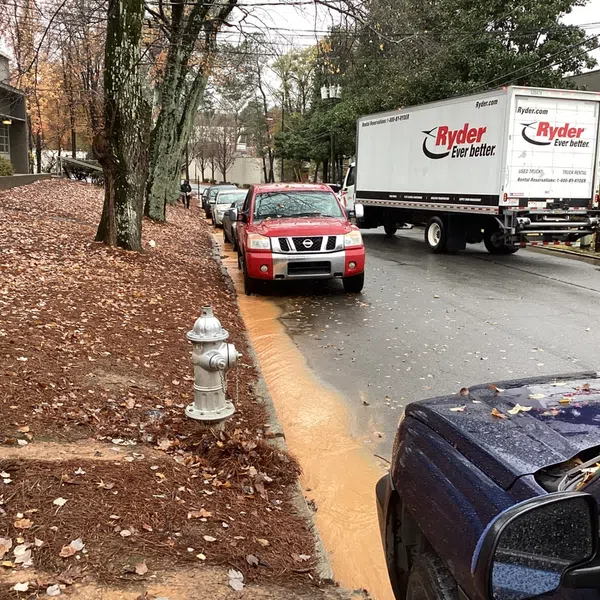 Street scene with parked cars, a Ryder delivery truck, wet road, autumn leaves, and a white fire hydrant on a rainy day.