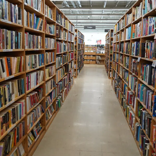 Aisle in a bookstore with wooden shelves filled with diverse books under bright ceiling lights.