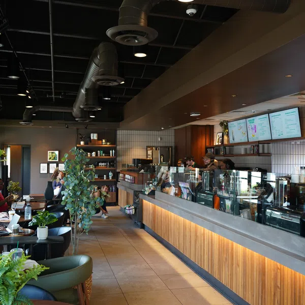 Modern coffee shop interior with wooden counters, green plants, and customers ordering at the counter.