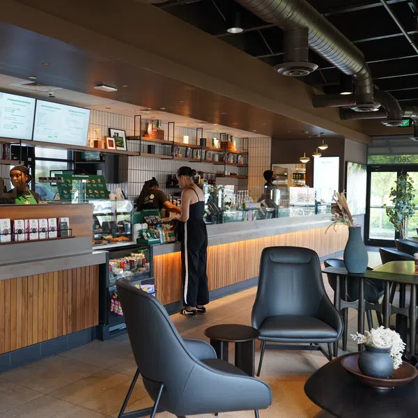 Modern cafe interior with wooden counters, customers ordering, and cozy seating with plants and decor.