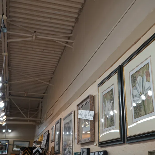 Gallery wall with framed artwork and photos illuminated by ceiling track lighting in an art sale exhibition space.