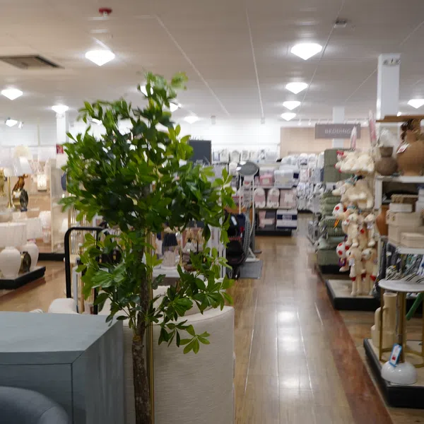 Indoor home decor store aisle with artificial tree, furniture, lamps, and bedding items on wooden floor.