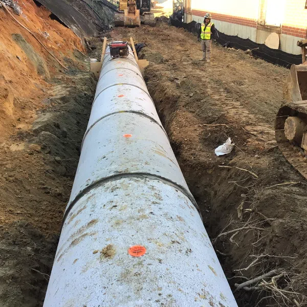 Large concrete pipe installation in deep trench with construction worker and heavy machinery on-site.