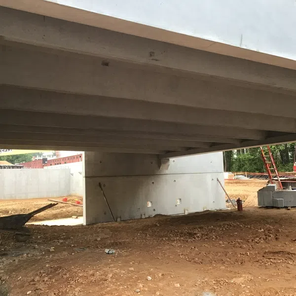 Construction site beneath a concrete bridge with machinery, workers, and dirt ground at daytime work zone.