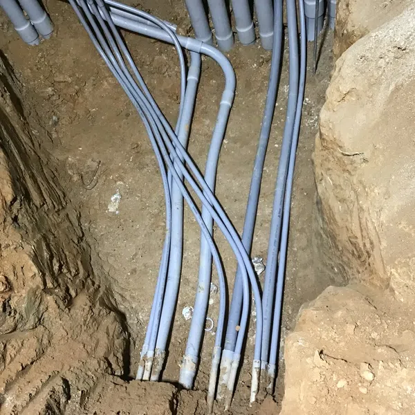 Blue electrical conduits laid in an excavated trench with visible dirt and rock walls around.