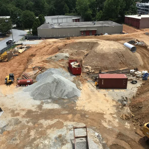 Construction site with dirt piles, gravel, machinery, storage containers, and surrounding buildings in a suburban area
