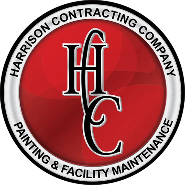 Logo of Harrison Contracting Company with red background and text for painting and facility maintenance services