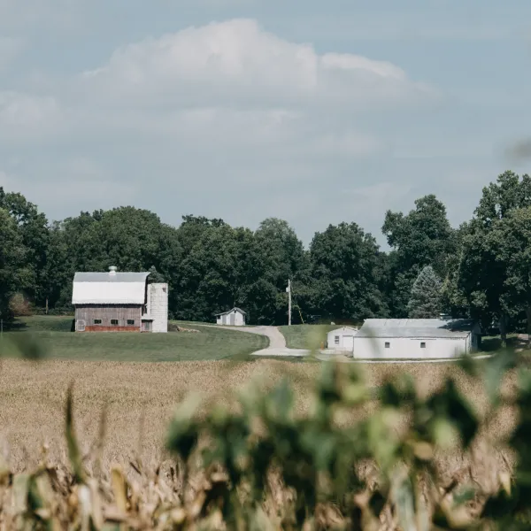 a farm with a few buildings