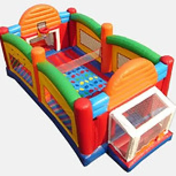 Colorful inflatable basketball court play area with two hoops and vibrant padded walls for children