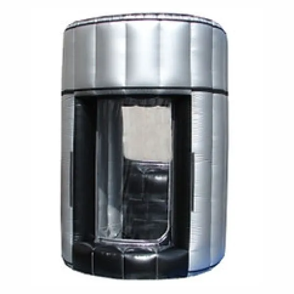 Inflatable silver and black photo booth with transparent window front isolated on white background.