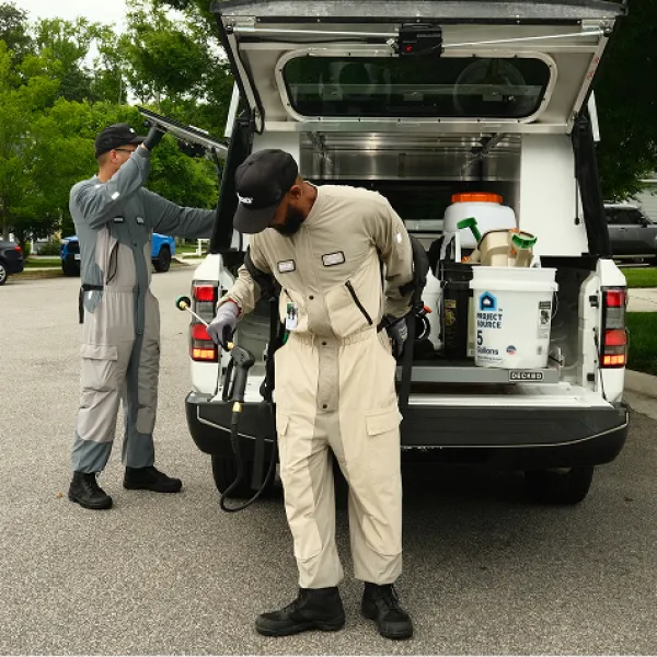 Two pest control technicians preparing equipment at the back of a service truck in a residential neighborhood.