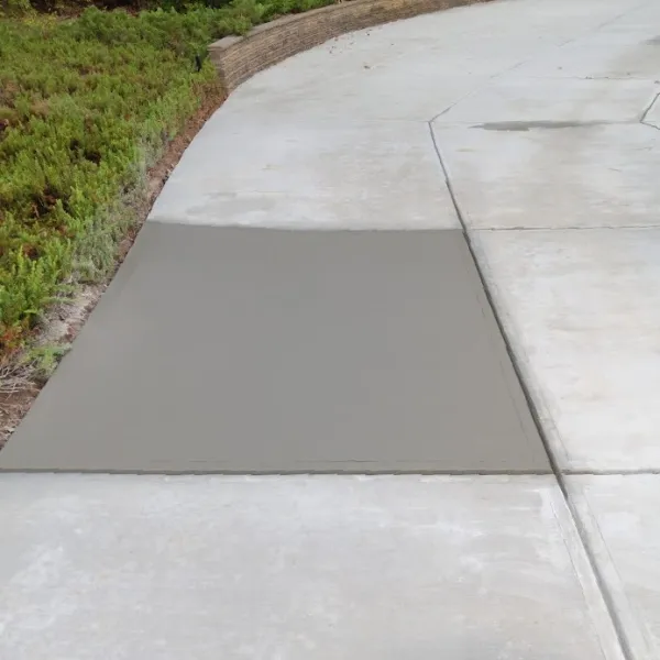 a concrete walkway with grass and bushes