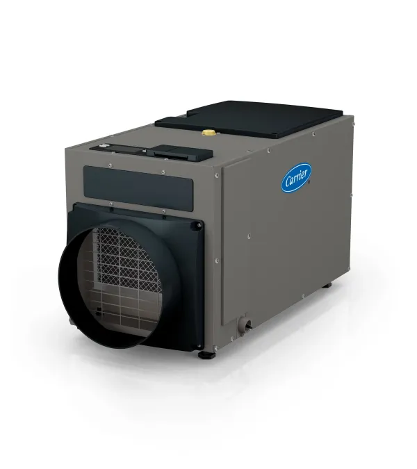 Industrial gray Carrier air handler unit with circular vent and mesh grille on white background