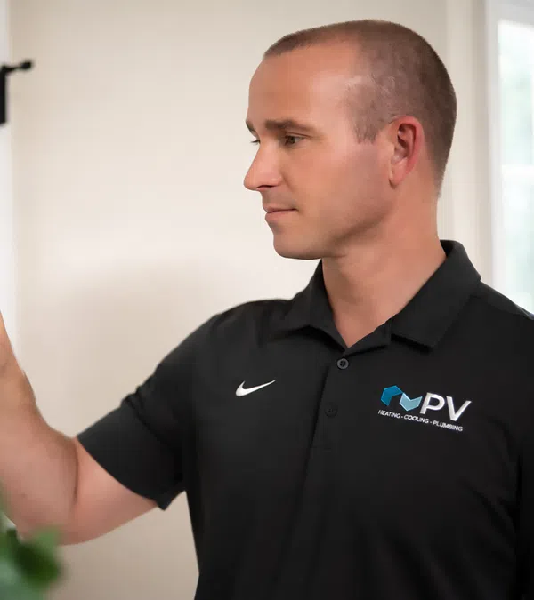 Man in black PV shirt adjusting a wall thermostat in a bright room with natural light.