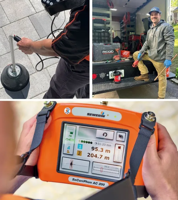 Plumber using pipe inspection tools and equipment outdoors with measurement display and work truck.