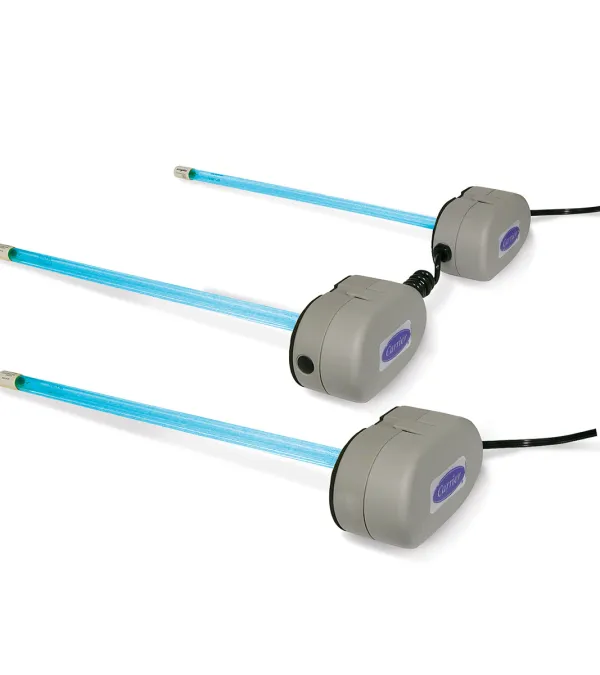 Three ultraviolet germicidal lamps with blue tubes and gray base units on a white background.