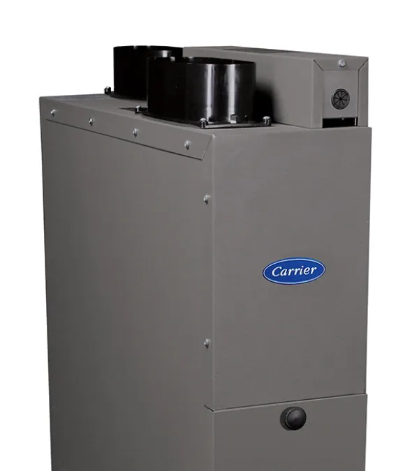 Gray Carrier furnace unit with black exhaust ports and ventilation openings on a white background