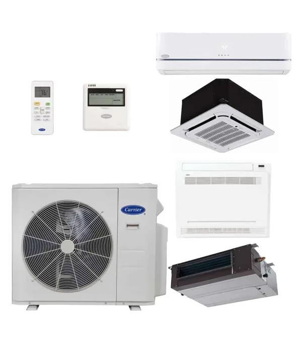 Carrier air conditioning system components including remote, thermostats, indoor and outdoor units on white background