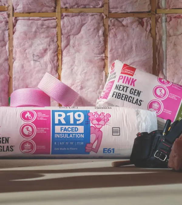 Bags of Owens Corning Pink Next Gen Fiberglas R19 insulation in a partially finished wall cavity.