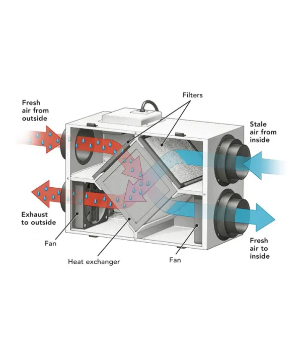 Diagram of heat exchanger ventilating system showing airflow of fresh and stale air with fans and filters.