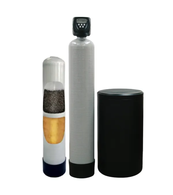 Three-part water softener system including mineral tank with valve, resin and brine tanks against white background