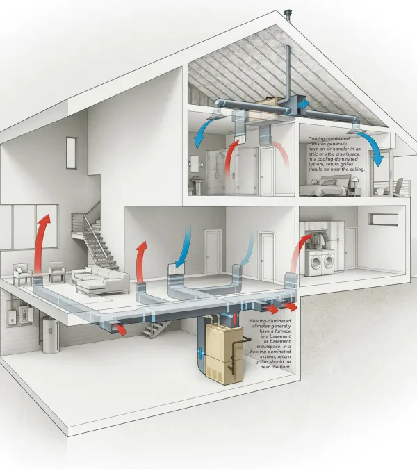 Cutaway diagram of a house showing a heating and cooling HVAC system with airflow pathways.