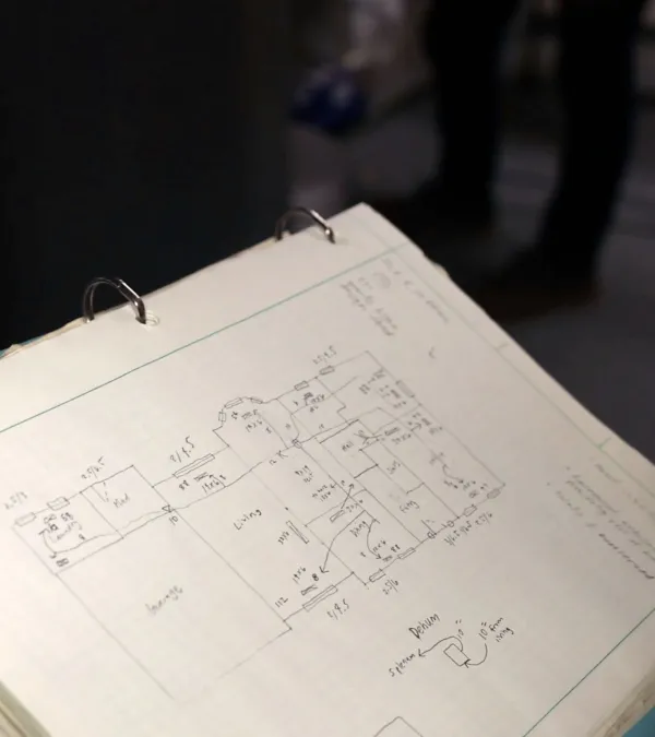 Open binder with technical diagrams and handwritten notes held by a person sketching with a pen indoors.