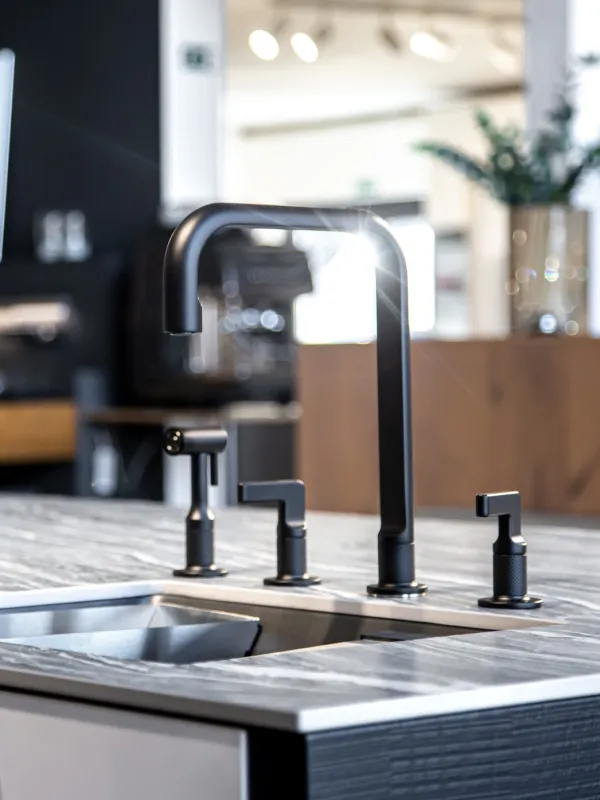Modern kitchen sink with sleek black faucet and marble countertop in a contemporary open kitchen design