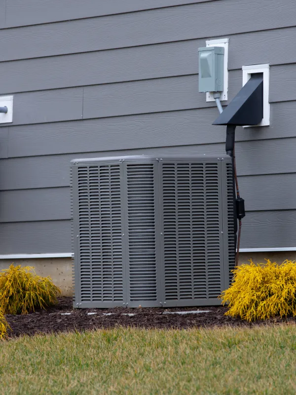 Outdoor HVAC unit installed next to gray house siding with yellow bushes and green grass in front.