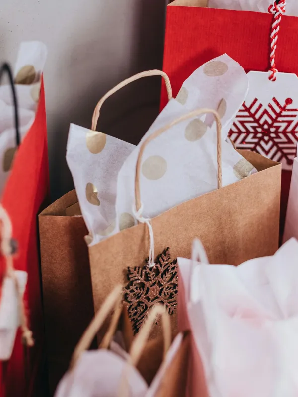 Assorted festive gift bags with tissue paper and holiday-themed tags ready for celebration and gift giving.