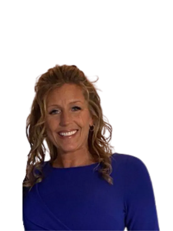 a woman in a blue shirt