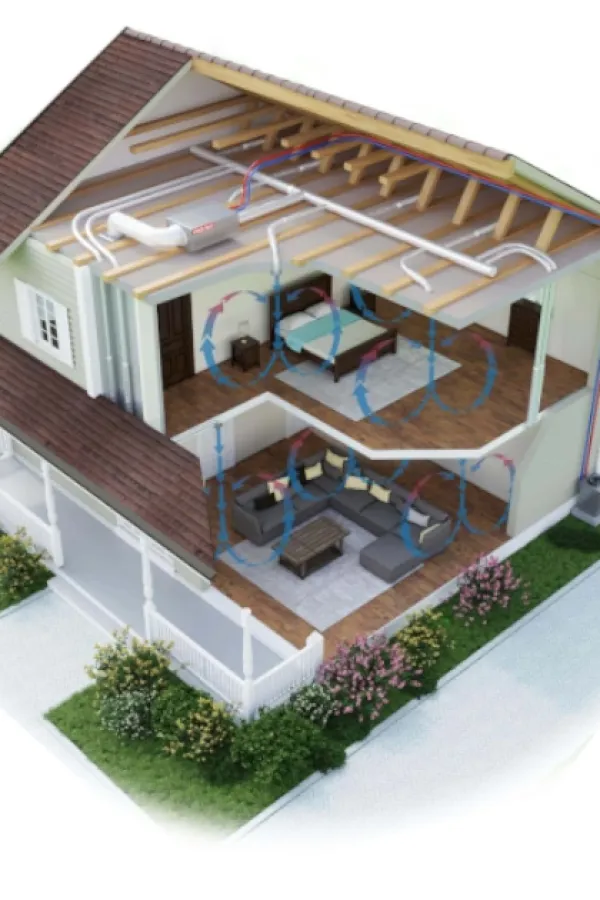 Cutaway view of a two-story house showing HVAC ductwork and airflow circulation in living and bedroom areas.