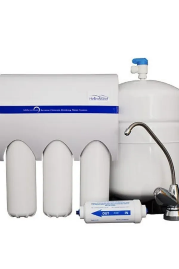 Reverse osmosis water filtration system with white tanks, filter cartridges, and a chrome faucet on white background.