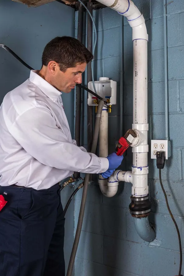Plumber using a wrench to fix white PVC pipes against a blue wall in a utility room.