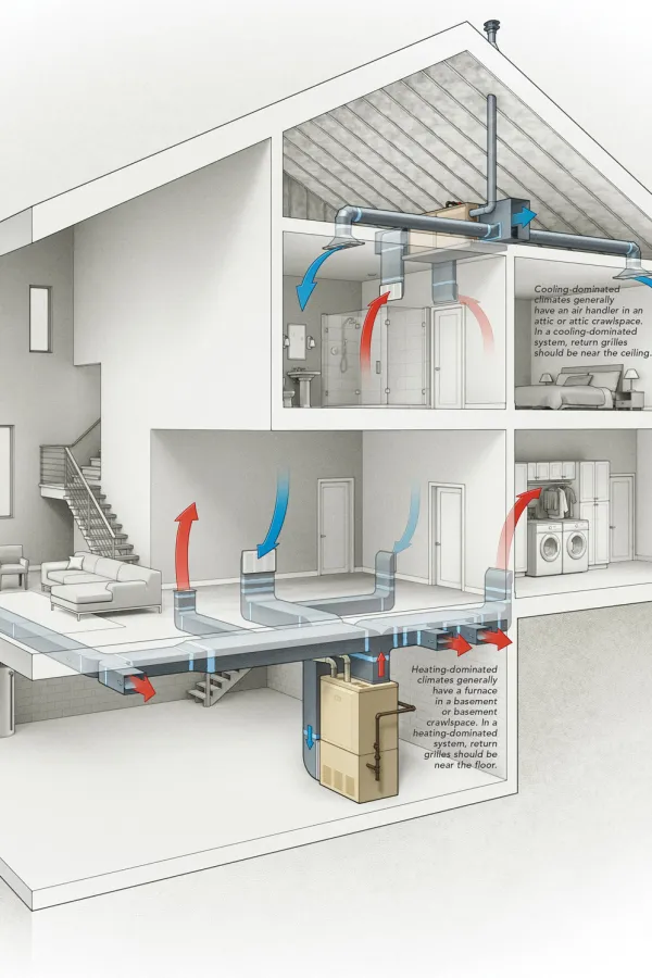 Cutaway diagram of a house showing a heating and cooling HVAC system with airflow pathways.