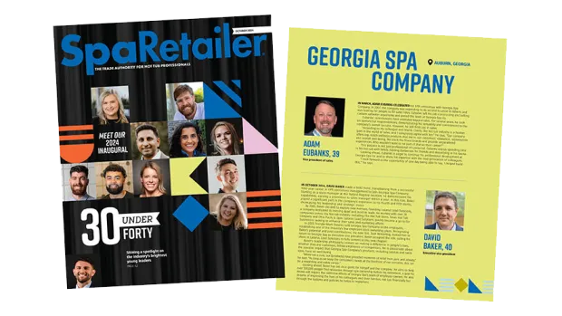 SpaRetailer 30 Under Forty feature with portraits, magazine cover, and Georgia Spa Company profile in blue and yellow design.