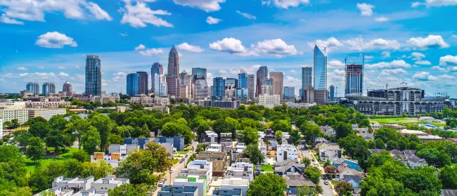 a city with trees and buildings