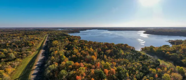 Aerial view of a forest with autumn foliage next to a large lake under a bright sun and clear blue sky