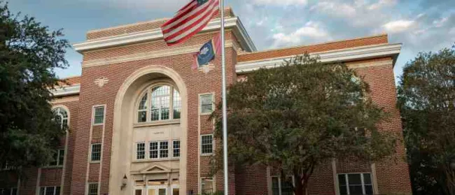 a flag on a flagpole in front of a building