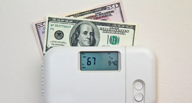 Thermostat set at 67 degrees with US twenty and one hundred dollar bills behind it representing energy savings.
